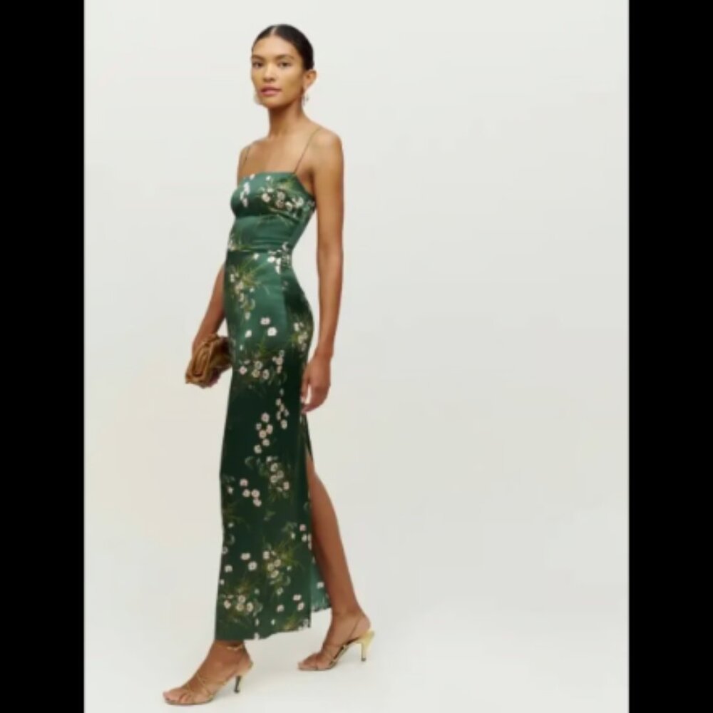 Reformation Green Frankie Silk Dress